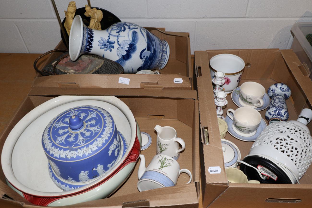 Three boxes of miscellaneous china including wash bowl, cheese dome, vases etc