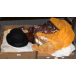 A quantity of white linen, lacquered box, bowler hat and a quantity of textiles (three boxes)