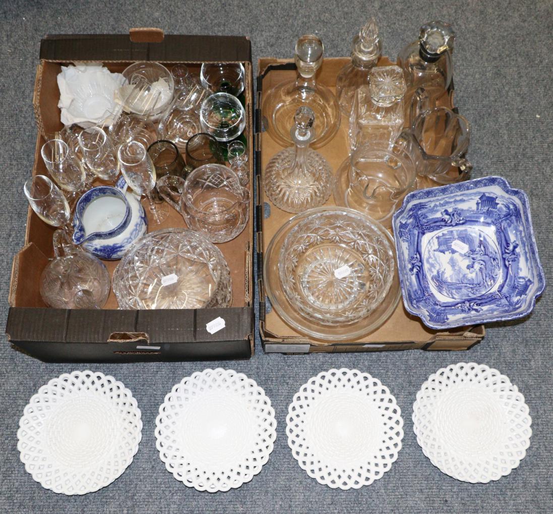 A group of miscellaneous including Dartington champagnes, blue and white Old Willow wares, silver