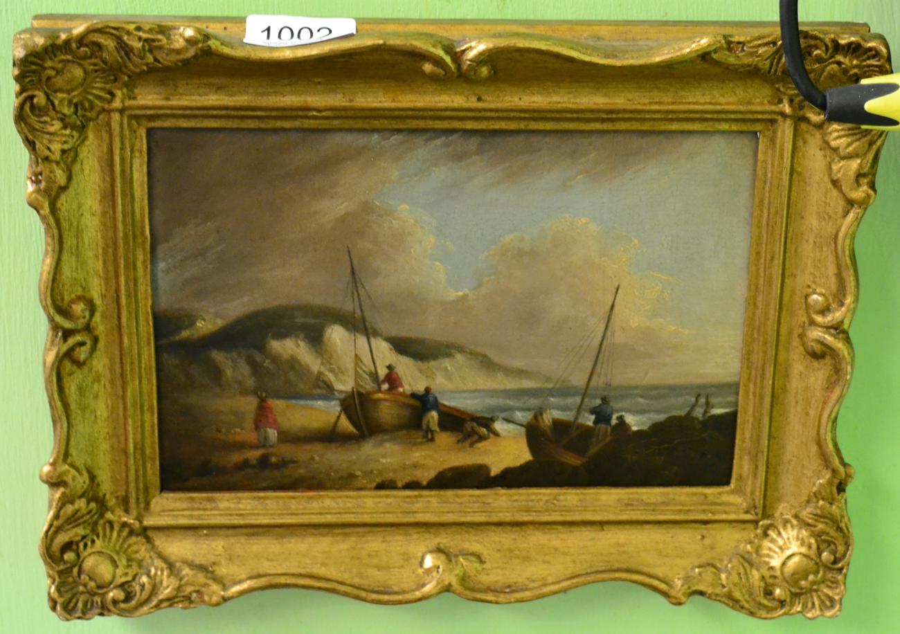 English School (late 18th/early 19th century) Beach scene with figures and boats, oil on panel,