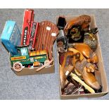 A group of miscellaneous including tin plate locomotive, vintage children's leather cricket pads,