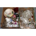 Seven boxes of miscellaneous china and glass including decanters, drinking glasses, part tea sets