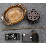 Carved fruit stand, carved hardwood stand, Kodak camera and conductors baton