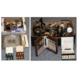 A quantity of silver plate including trophy cups, cutlery, tea sets etc (two boxes)