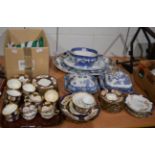 A group of miscellaneous ceramics including floral plated gilt highlighted tea wares, blue and white