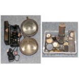 A group of miscellaneous items including a Thomas & Williams miners lamp, car clocks, metres,