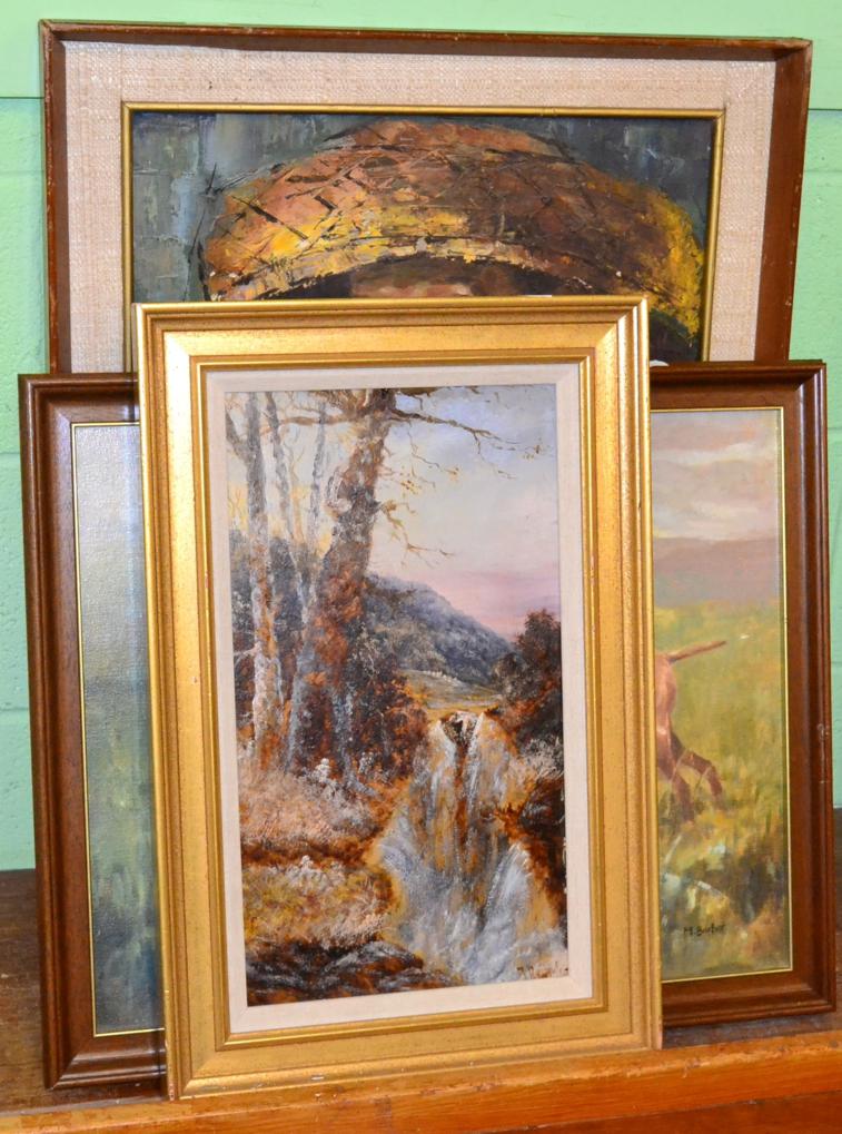 J Kirby, Highland landscape oil, M Barber, an oil study of dogs and a portrait of an oriental