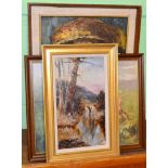 J Kirby, Highland landscape oil, M Barber, an oil study of dogs and a portrait of an oriental