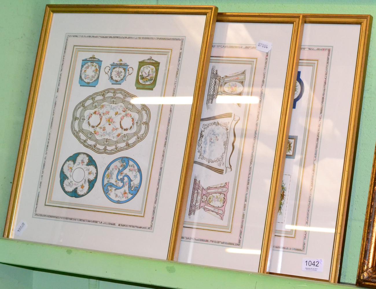 A set of three hand coloured painted over drawings of Sevres Porcelain, possibly removed from a book