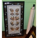 A Chinese scroll together with a silk framed needlework (2)
