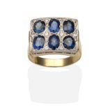 A Sapphire and Diamond Plaque Ring, six oval cut sapphires in white milgrain settings with eight-cut