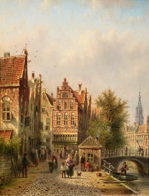 Johannes Franciscus Spohler (1853-1894) Dutch Canal side street scene with figures Signed, with