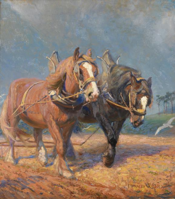 Donald Wood (1889-1953) ''Summer Ploughing'' Signed, with original inscribed label verso, oil on