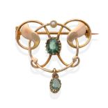 An Art Nouveau Blue Tourmaline and Seed Pearl Brooch, by Murrle Bennett & Co., an oval cut blue