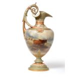 A Royal Worcester Porcelain Baluster Ewer, by John Stinton, 1907, with leaf sheathed scroll handle