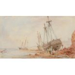 George Weatherill (1810-1890) Beached vessels before Whitby Abbey with various figures at low tide