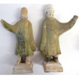 A Pair of Tang Style Sancai Glazed Pottery Figures of Attendants, 20cm high; A Similar Figure of a