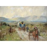 Peter Biegel (1913-1988) Horse drawn gypsy caravan and figures in an extensive landscape Signed, oil