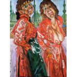 John Bratby (1928-1992) ''Two figures of Patti in red raincoat with three Istanbul (1990)