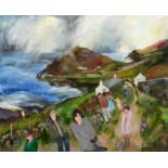 Gill Watkiss (b.1938) ''Watching the storm, Cape Cornwall'' Signed and dated 2016, oil on canvas,