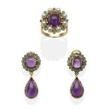 An Amethyst, Turquoise and Cultured Pearl Ring and Earring Suite, the ring with a round cabochon