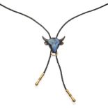 A Carved Bolder Opal Bull's Head Bolo Tie, by Gübelin, the slide realistically carved with a