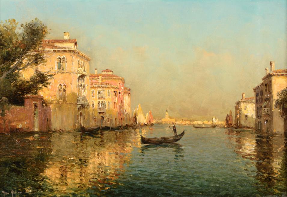 Marc Aldine (1875-1957) French Venetian canal with gondolier Signed, oil on canvas, 35cm by 52cm See