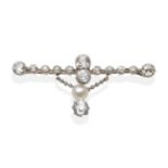 A Diamond and Pearl Bar Brooch, a knife edge bar set with old cut diamonds in white milgrain