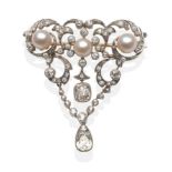 A Cultured Pearl and Diamond Brooch, three graduated pearls to an openwork scroll frame set