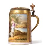 A Gilt Metal Mounted Vienna Porcelain Tankard and Cover, circa 1900, of cylindrical form with