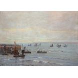 Albert Woods (1871-1944) Shipping off a pier in a calm Signed and dated 1918, oil on canvas, 44cm by