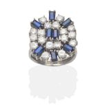 A Sapphire and Diamond Cluster Ring, two baguette cut sapphires within a border of round brilliant