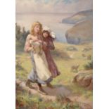Joseph Kirkpatrick (1872-1930) Country girls holding a lamb before a coastline Signed,