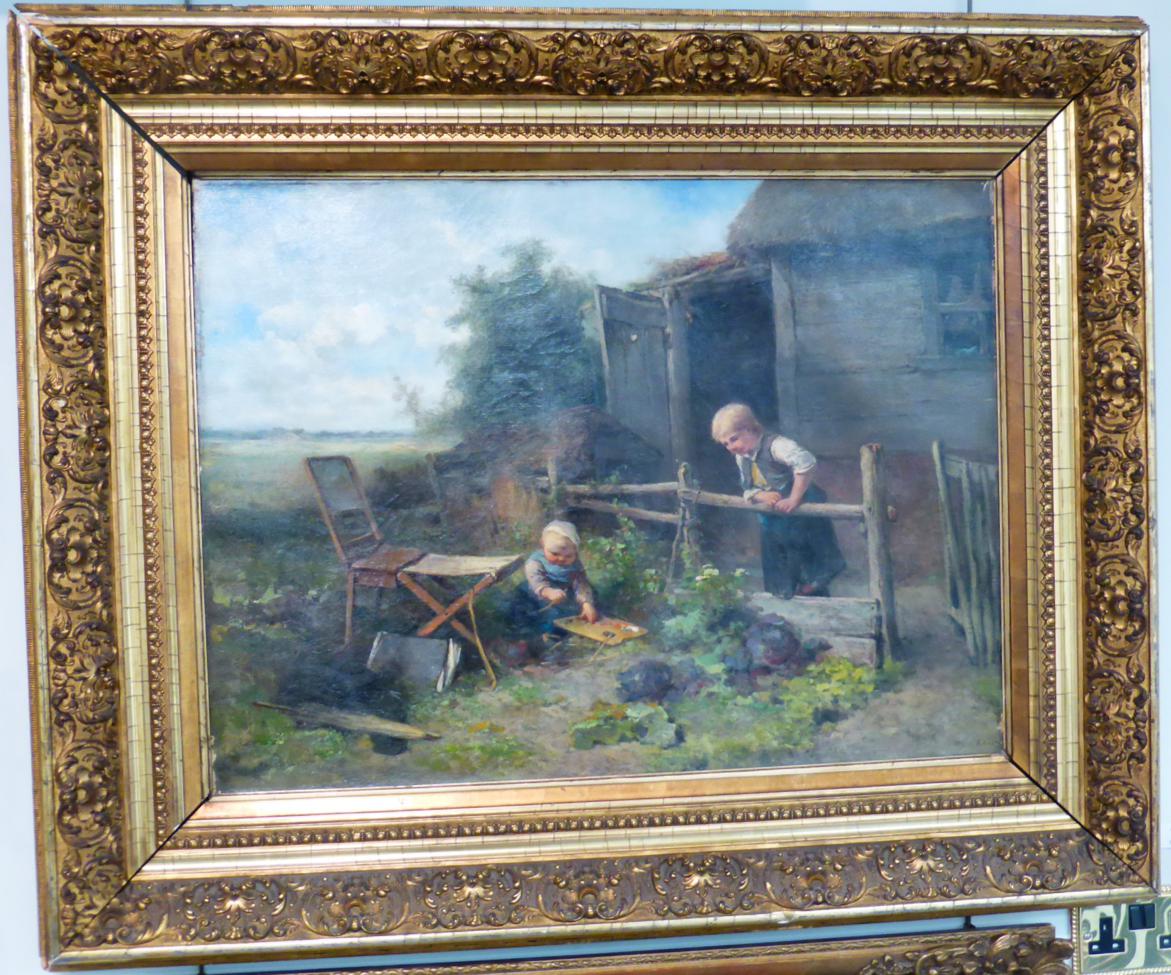 Mari Ten Kate (1831-1910) Dutch The Young Artist - Children before a thatched cottage with artists - Image 2 of 2