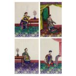 A Set of Four Chinese Export Pith Paper Paintings, 19th century, painted with dignitaries sitting in