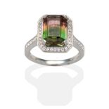 An 18 Carat White Gold Watermelon Tourmaline and Diamond Ring, an octagonal cut watermelon