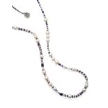 A Multi-Gemstone and Cultured Pearl Necklace, smooth polished and faceted tanzanite, iolite,