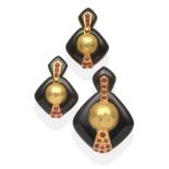 A Black Enamel and Ruby Brooch/Pendant and Earring Suite, an enamel plaque suspends a larger