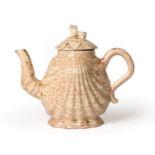 A Staffordshire Agateware Pecten Shell Teapot and Cover, circa 1750, with scroll handle and spout,