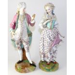 A Pair of Continental Porcelain Figures of a Lady and Gentleman, circa 1880, wearing romantic 18th