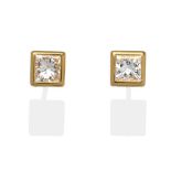 A Pair of Princess Cut Diamond Solitaire Earrings, in yellow rubbed over settings, total estimated