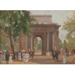 Algernon Talmage RA (1871-1939) Figures and horse mounted guardsmen before Marble Arch Signed, oil