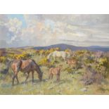 Peter Biegel (1913-1988) Horses and foals grazing on moorland Signed, oil on canvas, 75.5cm by 100cm