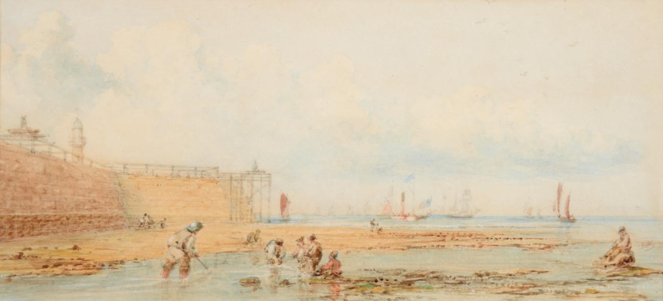 George Weatherill (1810-1890) Fisher folk trawling in low tide below the pier, with shipping