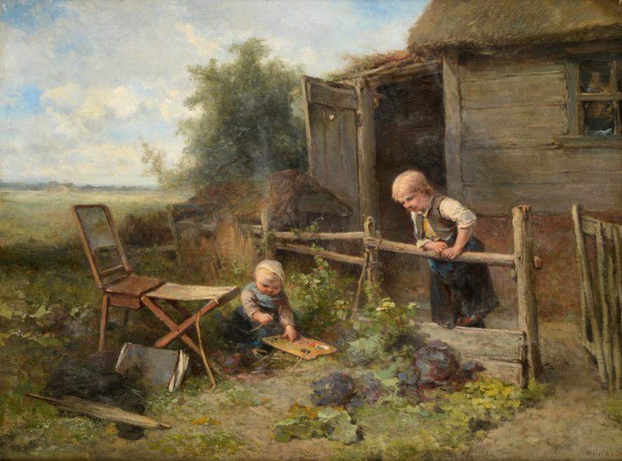 Mari Ten Kate (1831-1910) Dutch The Young Artist - Children before a thatched cottage with artists