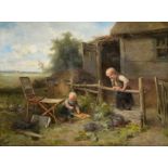 Mari Ten Kate (1831-1910) Dutch The Young Artist - Children before a thatched cottage with artists