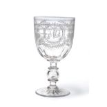 A Railway Commemorative Glass Coin Goblet, circa 1850, the ovoid bowl engraved with HIGH LEVEL