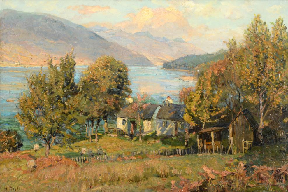 Herbert Royle (1870-1958) ''Loch Long'' - View of a loch with figure beside cottages and sheep