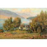 Herbert Royle (1870-1958) ''Loch Long'' - View of a loch with figure beside cottages and sheep