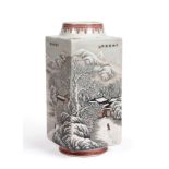 A Chinese Porcelain Cong Vase, painted en grisaille and with iron red with a continuous winter